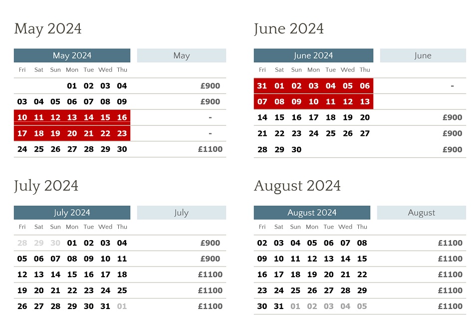 availability for Waterley May - August 2024